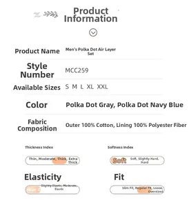 Detailed size chart and material specs for men's polka dot quilted cotton pajama set