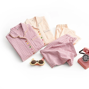 Ensemble de Pyjama à Carreaux pour Enfants 100% Coton Gratté Haut à Manches Longues Et Pantalon Boutons de Fruits Mignons