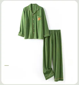 Green striped cotton pajamas for men with long sleeves and small squirrel embroidery