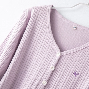 Light purple ribbed knit pajama set with V-neck button cardigan and swallow embroidery