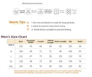 Detailed size chart for men's quilted polka dot loungewear set from S to XXL