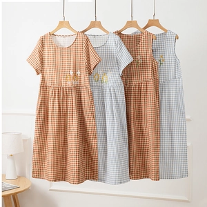 Women Pure Cotton Double Layer Gauze Nightgown Gingham Checkered Daisy Embroidery Short Sleeve Sleeveless Loose Sleepwear Dress