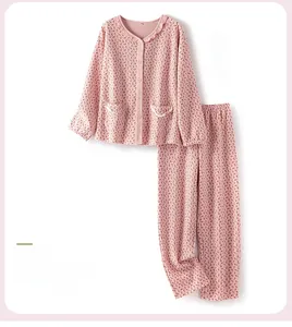 Floral print pajama set in misty pink with ruffled collar and button-down front details