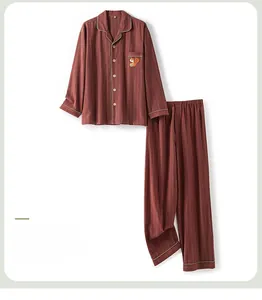 Men's red brown striped cotton pajama set with squirrel embroidery and button-up front