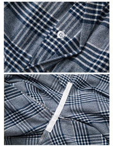 Détail du pyjama en coton à carreaux bleus montrant les coutures et boutons transparents