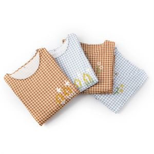 Gingham cotton short sleeve nightdress with floral and bird embroidery in caramel and sea salt