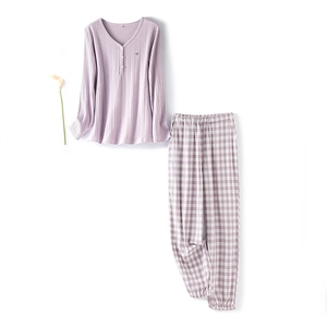 Women's lavender cotton rib-knit pajama set with V-neck top and plaid jogger pants