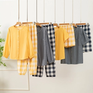 Cotton Double Layer Gauze Pajama Top And Pants Button Down Round Neck Checkered Loungewear For Women Men Spring Summer