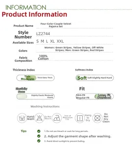 Detailed size chart and fabric specifications for 100% cotton striped pajama set