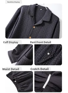 Detail view of quilted grey pajamas showing polo collar, wooden buttons, and elastic waist