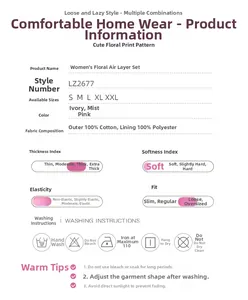 Size chart and fabric specs for women's floral air cotton pajama set in cream and pink