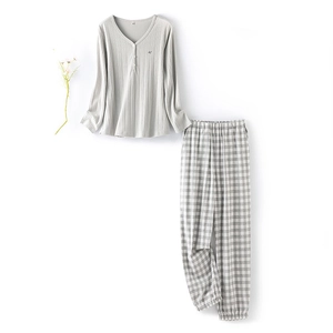 Women's light grey ribbed V-neck pajama set with embroidery and plaid pants