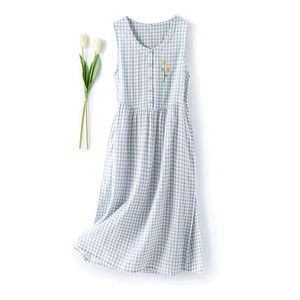 Blue gingham cotton sleeveless sleep dress with daisy embroidery and wood buttons