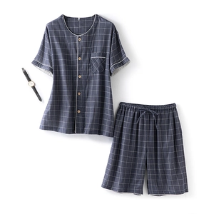 Ensemble de Pyjama en Coton Gaze Double Couche pour Hommes Carreaux Pois Manches Courtes Haut Et Short Vêtements de Nuit
