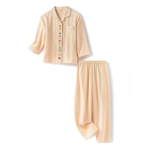 Pyjama enfant en coton gratté à carreaux orange avec boutons de fruits et manches longues