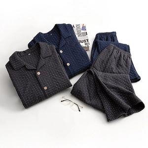 Men Cotton Quilted Warm Pajamas Polka Dot Top And Bottom Long Sleeve Button Loungewear Comfortable Thick Home Wear