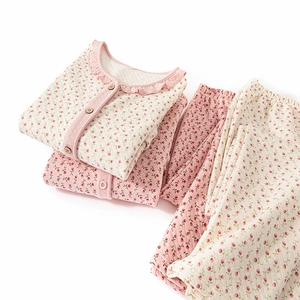 Women's Sweet Floral Quilted Air Layer Cotton Pajamas Top And Bottom Ruffle Collar Button Sleepwear Home Wear Suit