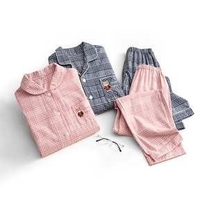 Ensemble Pyjama de Couple à Carreaux en Pur Coton Brossé Avec Broderie Ours Haut Et Bas à Manches Longues Vêtements de Nuit