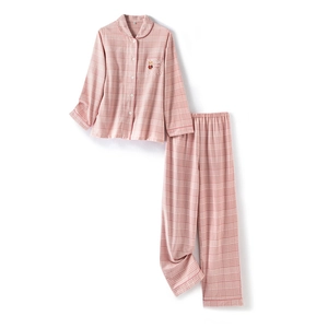 Ensemble pyjama en coton pour femme à carreaux roses avec broderie d'ours
