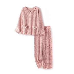 Pink floral print pajamas set for women with long sleeves and ruffle collar detail