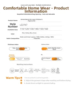 Size guide and fabric composition for kids' cotton quilted air layer pajamas set