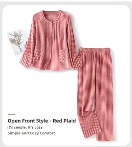 Detail of red gingham cotton pajama set with button-down top and matching trousers