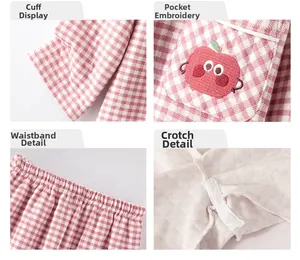 Pink checkered kids pajamas set featuring cuff display and cute apple embroidery details