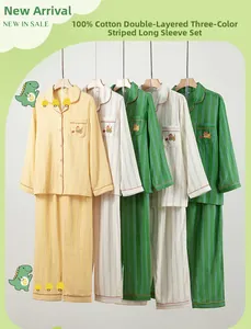 Hanging display of various colors of cotton double-layer gauze striped pajamas sets