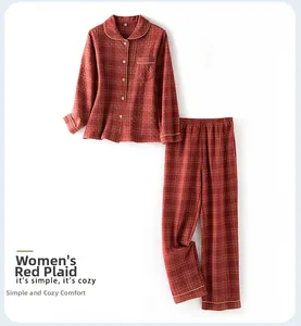 Detailed close-up of women's red plaid quilted cotton pajamas featuring classic button-down style