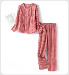 Detailed flat lay of a red and white checkered cotton pajama set with round neck