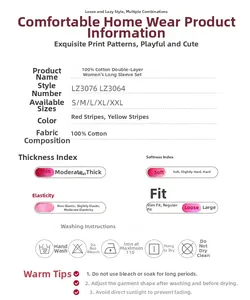 Size chart and fabric details for 100% cotton long-sleeve striped pajama set