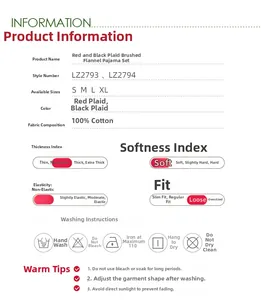 Size chart and fabric details for red checkered 100% cotton pajamas set with washing icons