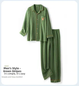 Men's dark green quilted cotton pajama set with striped texture and fox embroidery