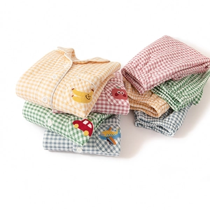Kids quilted cotton pajama sets with cute cartoon embroidery in four plaid patterns