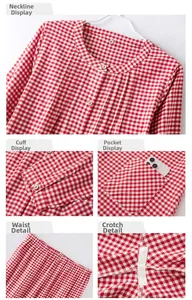 Macro detail of red plaid cotton pajamas showing elastic waistband and functional pocket