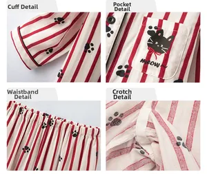 Detail shots of striped cotton pajamas featuring cat paw prints and meow embroidery detail