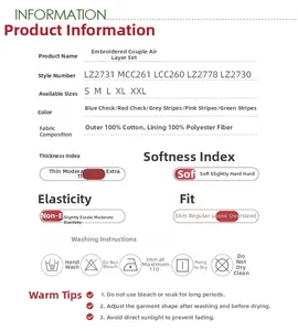 Size chart and fabric details for cute embroidered air layer quilted pajama sets
