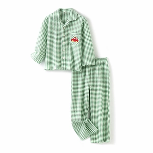 Kids quilted cotton pajamas set with green gingham check and car embroidery