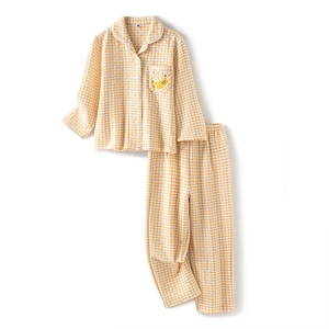 Kids quilted yellow plaid pajamas set with cute banana embroidery on quilted warm fabric