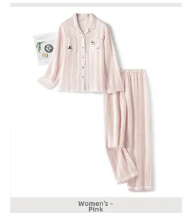 Pink striped cotton pajama set for women with long sleeves and panda embroidery detail