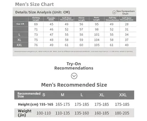 Size chart table for men's quilted cotton pajamas with measurements from S to XXL