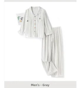 Men's grey cotton crepe pajama set with panda embroidery and soft vertical stripes
