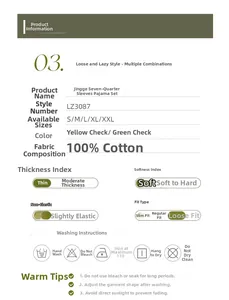 Size chart and fabric details for 100% cotton gauze pajama set with washing care info