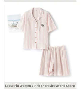 Pink striped cotton pajamas with panda embroidery in a relaxed shorts set for women