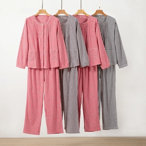Women Brushed Cotton Plaid Pajamas Long Sleeve Top And Pants Casual Loungewear Gingham Home Clothing Winter Sleepwear