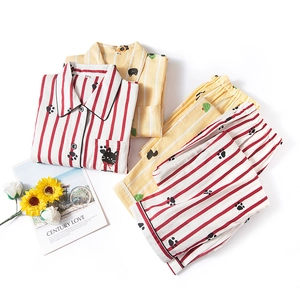 Women's cotton striped pajama set with cute cat patterns in red and yellow colors