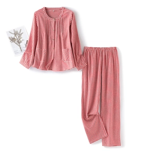 Classic red and white plaid cotton pajama set with long sleeves and pants in flat lay view