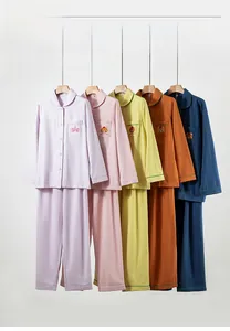 Detail of embroidered teddy bear and Good Night text on cotton flannel pajama pockets