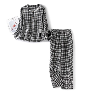 Classic black and white plaid cotton pajama set with long sleeves and button-down top