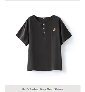 Men's charcoal grey cotton short sleeve pajama top with bear embroidery and henley neck